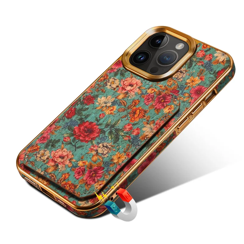 For iPhone 15 Pro Max Card Slots Kickstand Phone Case PU Leather Coated PC+TPU Flower Pattern Printed Cover - Blue
