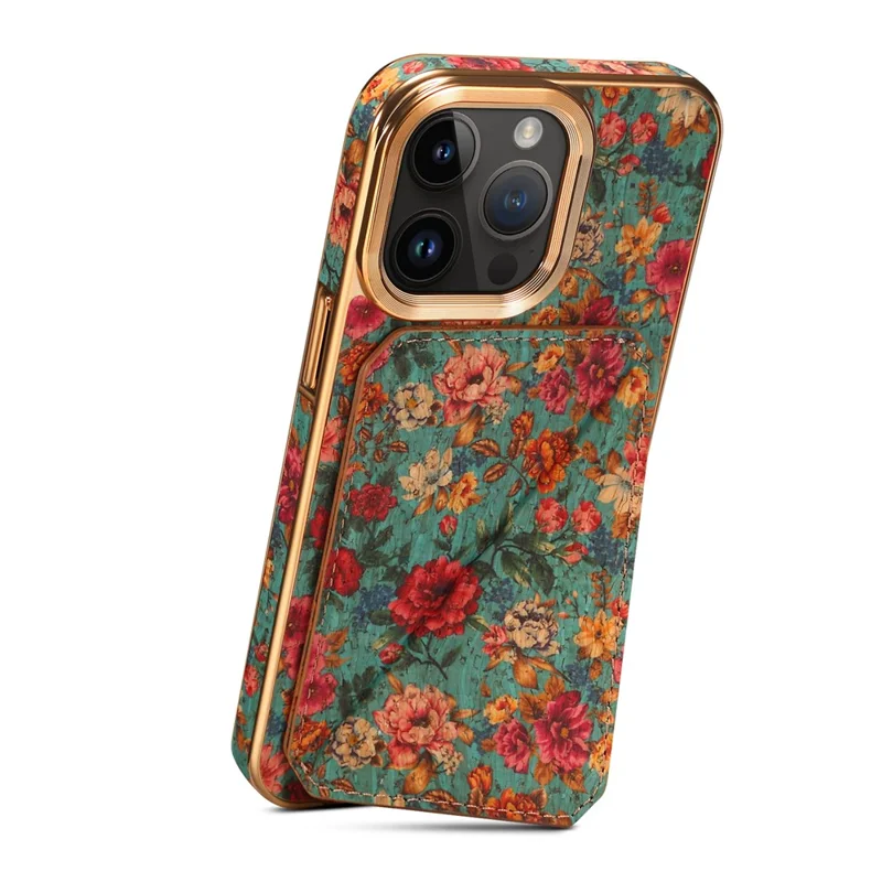 For iPhone 15 Pro Max Card Slots Kickstand Phone Case PU Leather Coated PC+TPU Flower Pattern Printed Cover - Blue