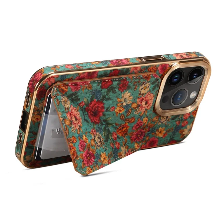 For iPhone 15 Pro Max Card Slots Kickstand Phone Case PU Leather Coated PC+TPU Flower Pattern Printed Cover - Blue