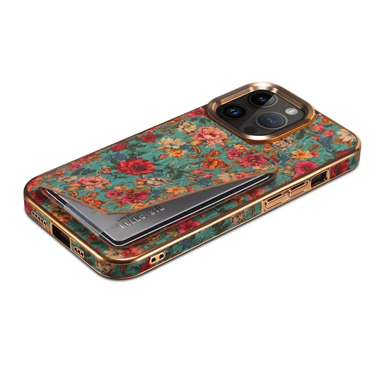 For iPhone 15 Pro Max Card Slots Kickstand Phone Case PU Leather Coated PC+TPU Flower Pattern Printed Cover - Blue