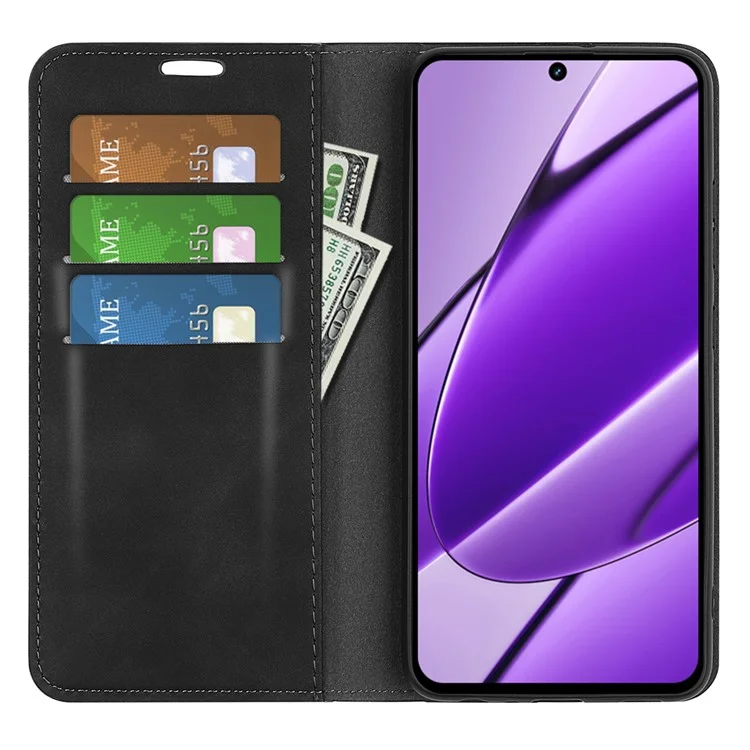 Pour Realme 11x 5G / 11 5G (Global) Slim-Fit Shell Skin-touch Wallet Phone Cover Stand PU Leather Cell Phone Case - Noir