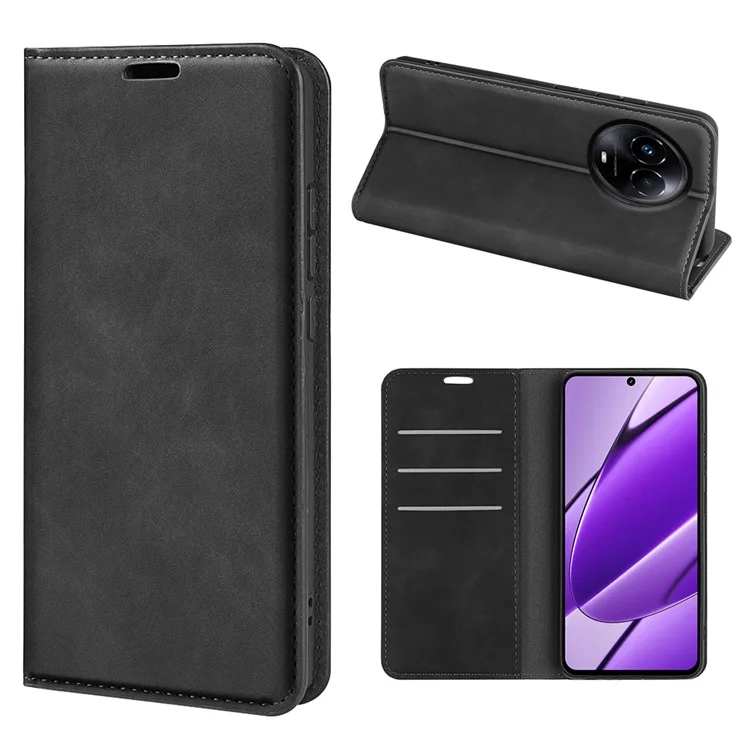 Pour Realme 11x 5G / 11 5G (Global) Slim-Fit Shell Skin-touch Wallet Phone Cover Stand PU Leather Cell Phone Case - Noir