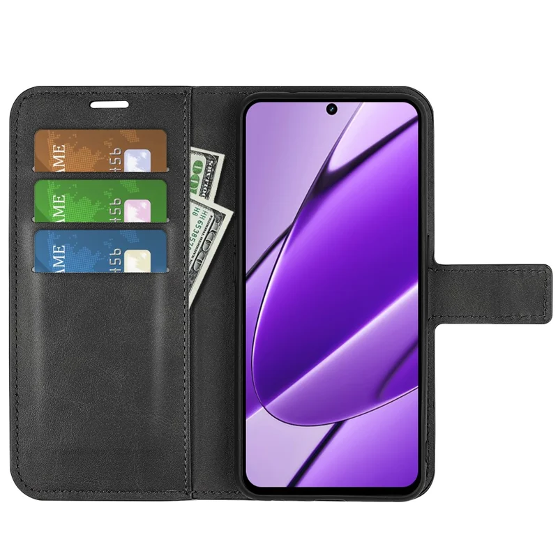 Para Realme 11x 5G / 11 5G (Global) Capa de Telefone Carteira Stand PU Leather Shell Calf Texture Proteção Total Capa de Telefone - Preto