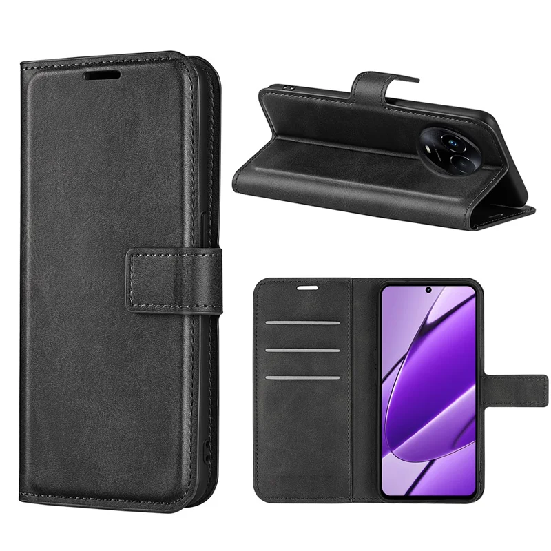Para Realme 11x 5G / 11 5G (Global) Capa de Telefone Carteira Stand PU Leather Shell Calf Texture Proteção Total Capa de Telefone - Preto