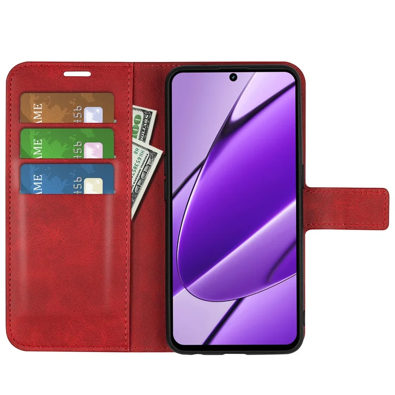 For Realme 11x 5G / 11 5G (Global) Phone Case Wallet Stand PU Leather Shell Calf Texture Full Protection Phone Cover - Red
