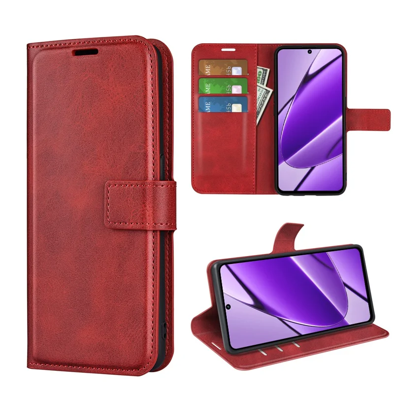 For Realme 11x 5G / 11 5G (Global) Phone Case Wallet Stand PU Leather Shell Calf Texture Full Protection Phone Cover - Red