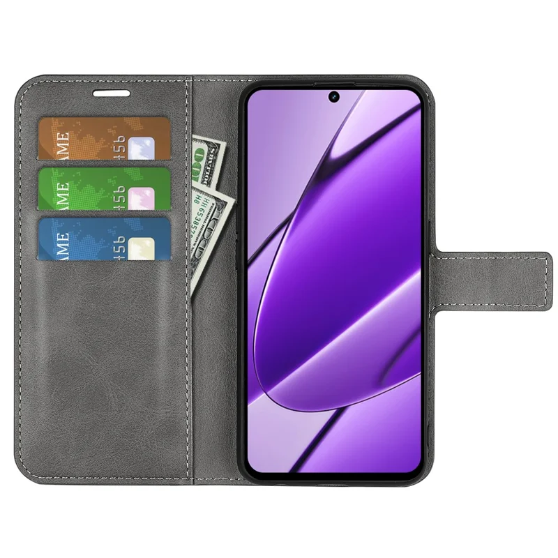 For Realme 11x 5G / 11 5G (Global) Phone Case Wallet Stand PU Leather Shell Calf Texture Full Protection Phone Cover - Grey