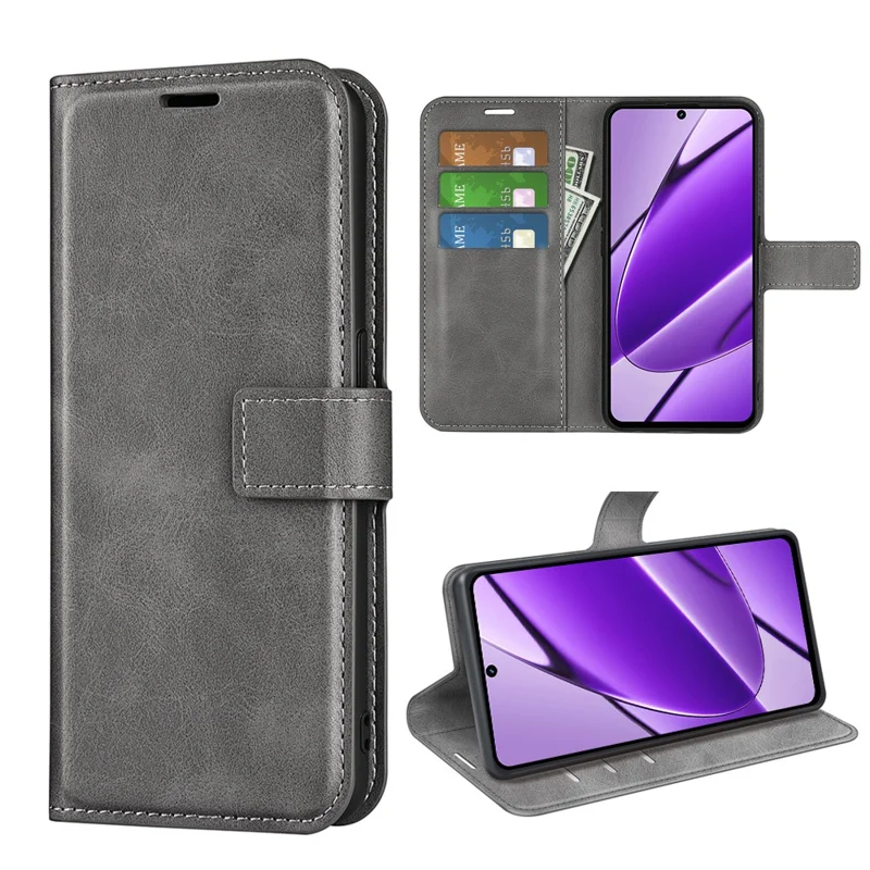 For Realme 11x 5G / 11 5G (Global) Phone Case Wallet Stand PU Leather Shell Calf Texture Full Protection Phone Cover - Grey
