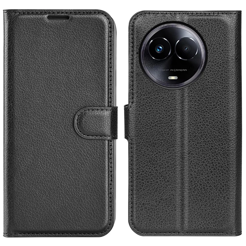 Para Realme 11x 5G / 11 5G (Global) Carteira Litchi Texture Cell Phone Case Anti-Scratch Stand PU Leather Protective Cover - Preto