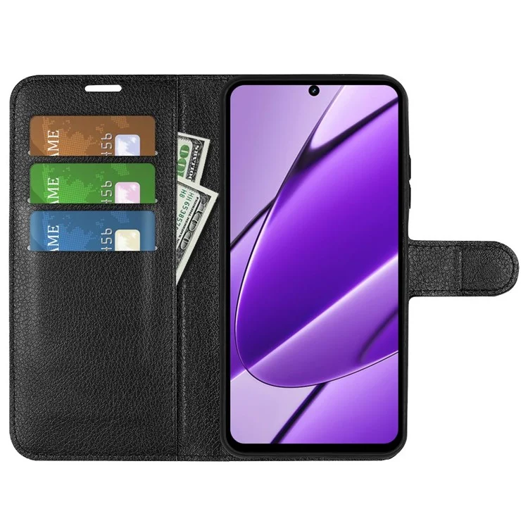 Para Realme 11x 5G / 11 5G (Global) Carteira Litchi Texture Cell Phone Case Anti-Scratch Stand PU Leather Protective Cover - Preto
