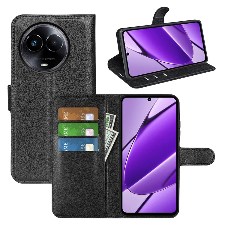 Para Realme 11x 5G / 11 5G (Global) Carteira Litchi Texture Cell Phone Case Anti-Scratch Stand PU Leather Protective Cover - Preto