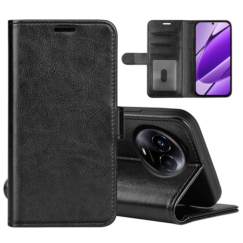 Pour Realme 11x 5G / 11 5G (Global) Étui de protection pour téléphone à rabat Crazy Horse Texture PU Leather Stand Cover - Noir