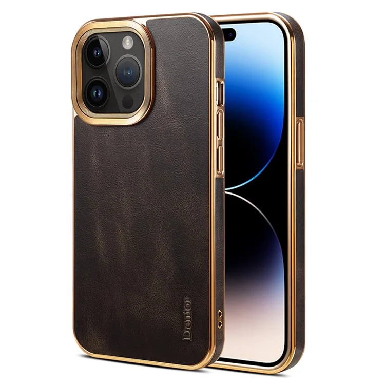 DENIOR Para iPhone 15 Pro Funda de Teléfono de Cuero de Vaca Texturado y Ceroso Genuino + PC + TPU Chapado - Negro