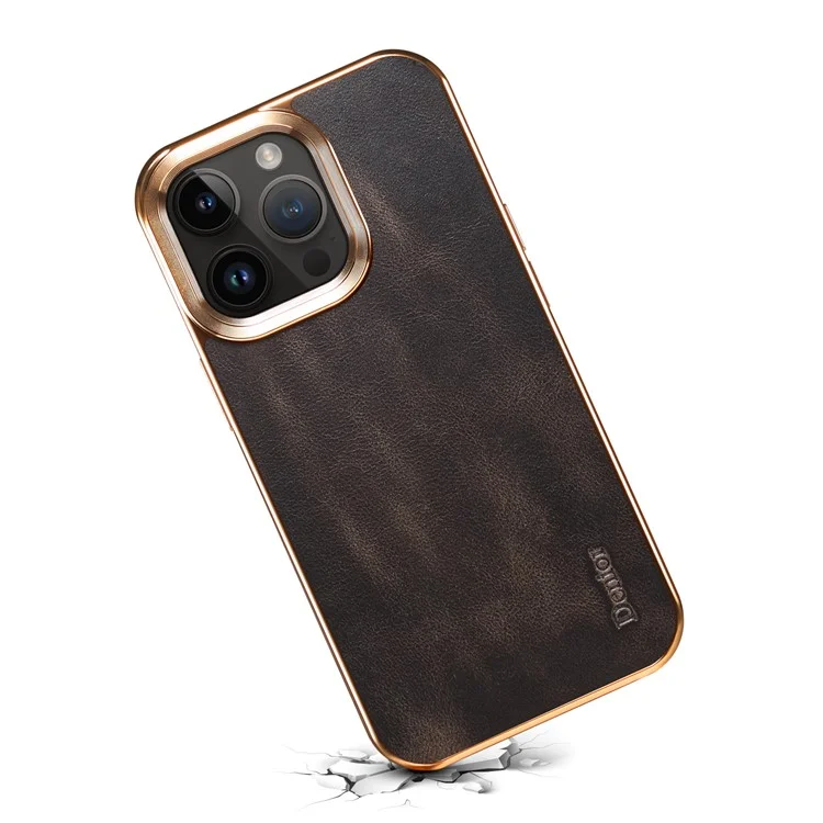 DENIOR Para iPhone 15 Pro Funda de Teléfono de Cuero de Vaca Texturado y Ceroso Genuino + PC + TPU Chapado - Negro
