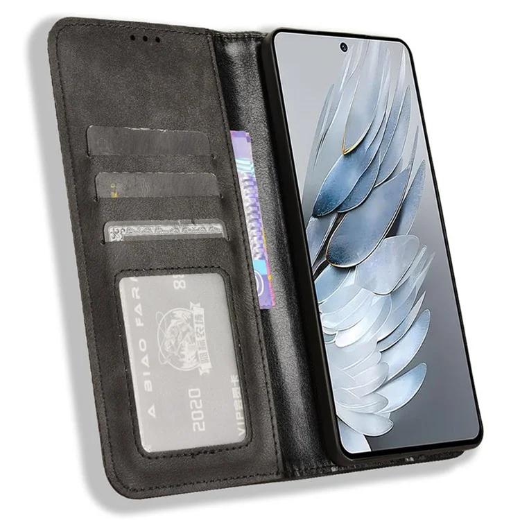 Для ZTE nubia Z50S Pro 5G Retro Texture Wallet Case PU Leather Stand Magnetic Flip Phone Cover - Черный
