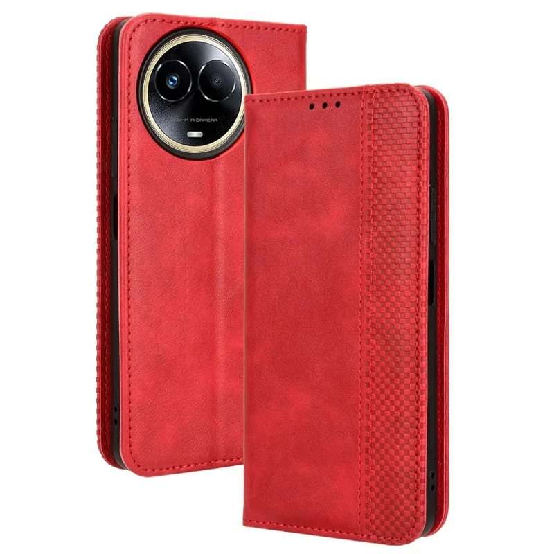 Capa de Telemóvel Vintage em Pele Sintética para Realme 11x 5G / 11 5G (Global), Capa Protetora com Suporte e Carteira - Vermelho