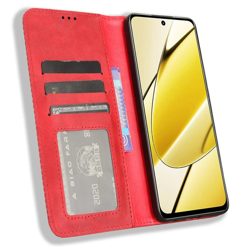 Capa de Telemóvel Vintage em Pele Sintética para Realme 11x 5G / 11 5G (Global), Capa Protetora com Suporte e Carteira - Vermelho