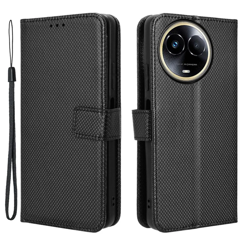 PU Leather Protective Cover for Realme 11x 5G / 11 5G (Global) , Diamond Texture Stand Wallet Phone Case - Black