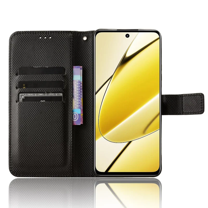 PU Leather Protective Cover for Realme 11x 5G / 11 5G (Global) , Diamond Texture Stand Wallet Phone Case - Black