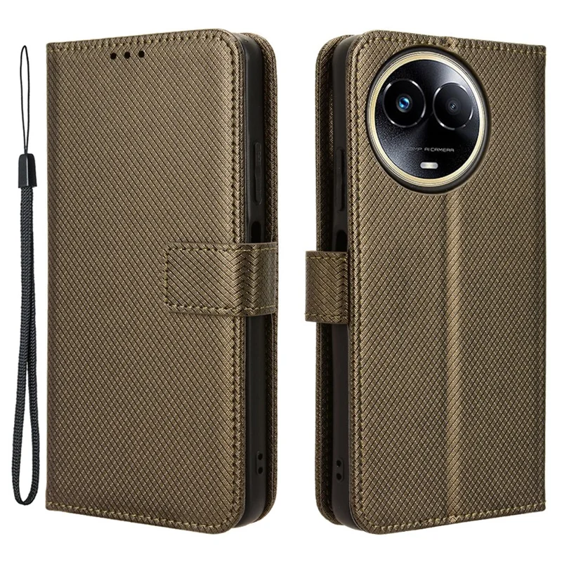 PU Leather Protective Cover for Realme 11x 5G / 11 5G (Global) , Diamond Texture Stand Wallet Phone Case - Brown