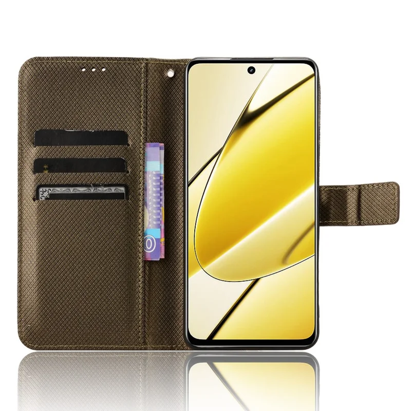 PU Leather Protective Cover for Realme 11x 5G / 11 5G (Global) , Diamond Texture Stand Wallet Phone Case - Brown