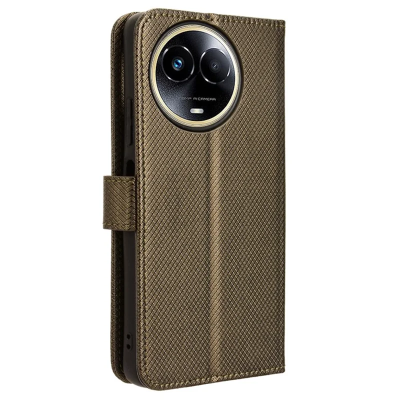 PU Leather Protective Cover for Realme 11x 5G / 11 5G (Global) , Diamond Texture Stand Wallet Phone Case - Brown