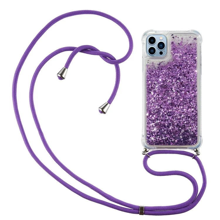 For iPhone 15 Pro Max Mobile Phone Cover Liquid Sequins Case TPU Cell Phone Shell with Long Strap - Purple