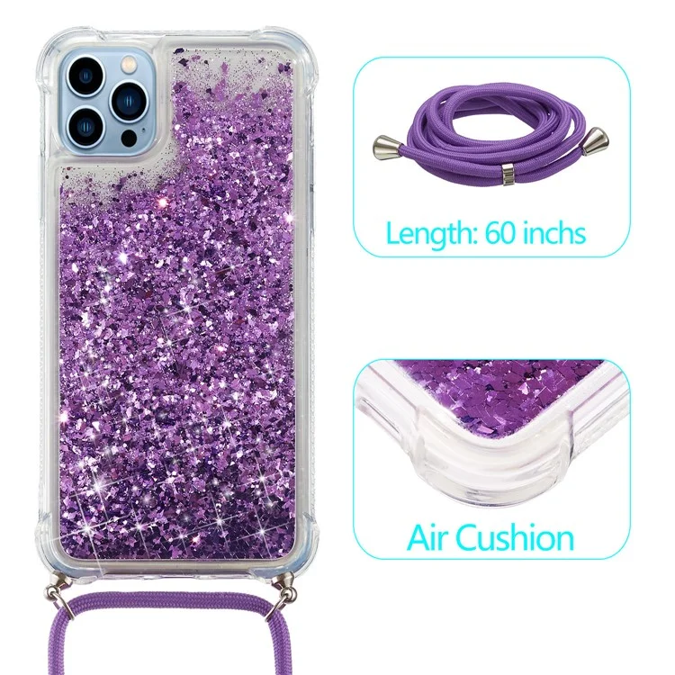 For iPhone 15 Pro Max Mobile Phone Cover Liquid Sequins Case TPU Cell Phone Shell with Long Strap - Purple
