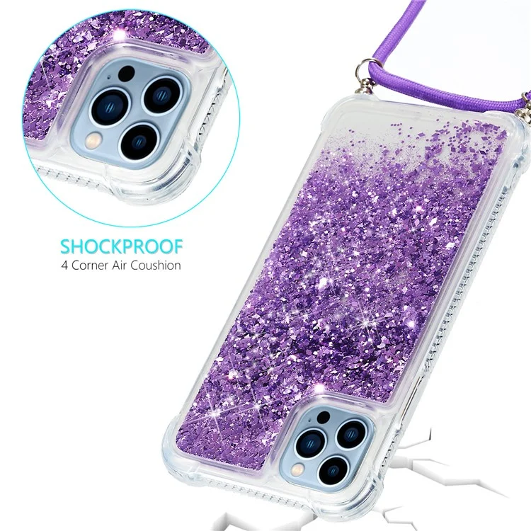 For iPhone 15 Pro Max Mobile Phone Cover Liquid Sequins Case TPU Cell Phone Shell with Long Strap - Purple