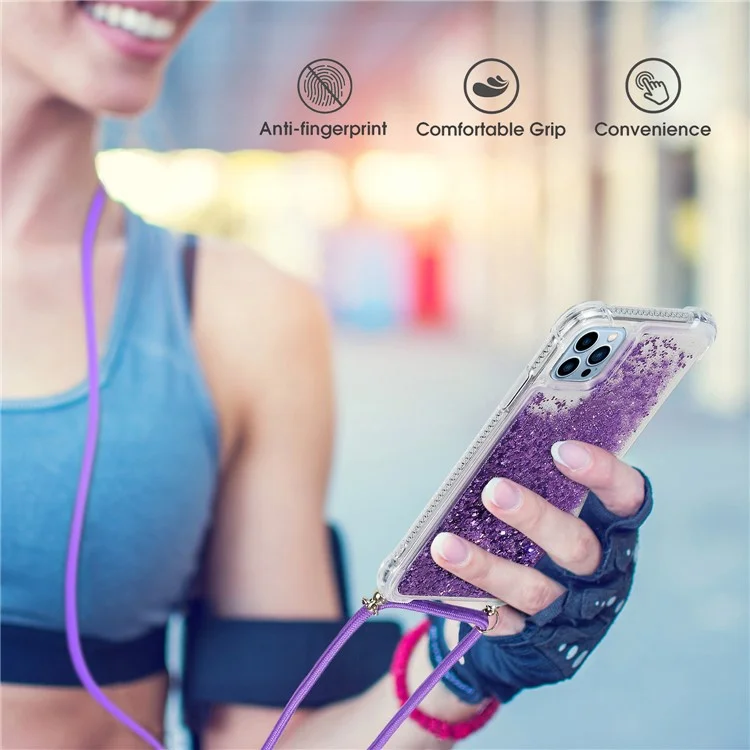 For iPhone 15 Pro Max Mobile Phone Cover Liquid Sequins Case TPU Cell Phone Shell with Long Strap - Purple
