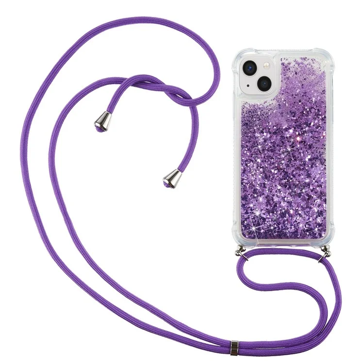 For iPhone 15 Plus TPU Cell Phone Case Mobile Phone Cover Liquid Sequins Decor Shell with Long Strap - Purple