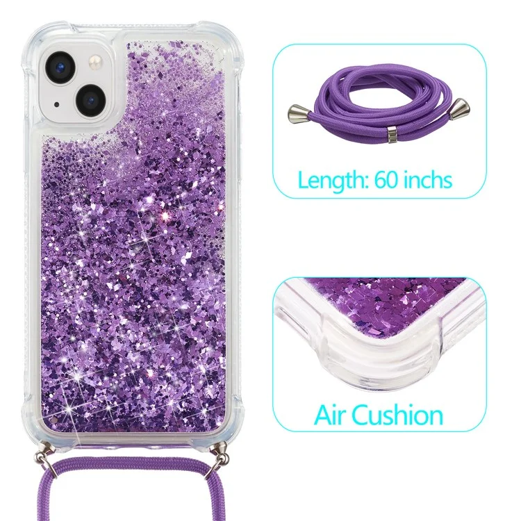For iPhone 15 Plus TPU Cell Phone Case Mobile Phone Cover Liquid Sequins Decor Shell with Long Strap - Purple