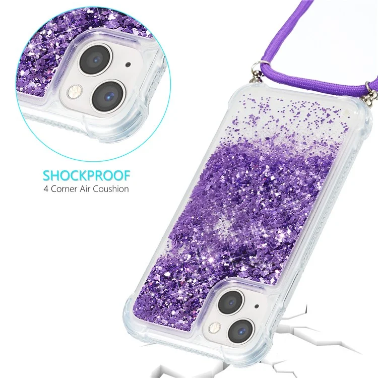 For iPhone 15 Plus TPU Cell Phone Case Mobile Phone Cover Liquid Sequins Decor Shell with Long Strap - Purple