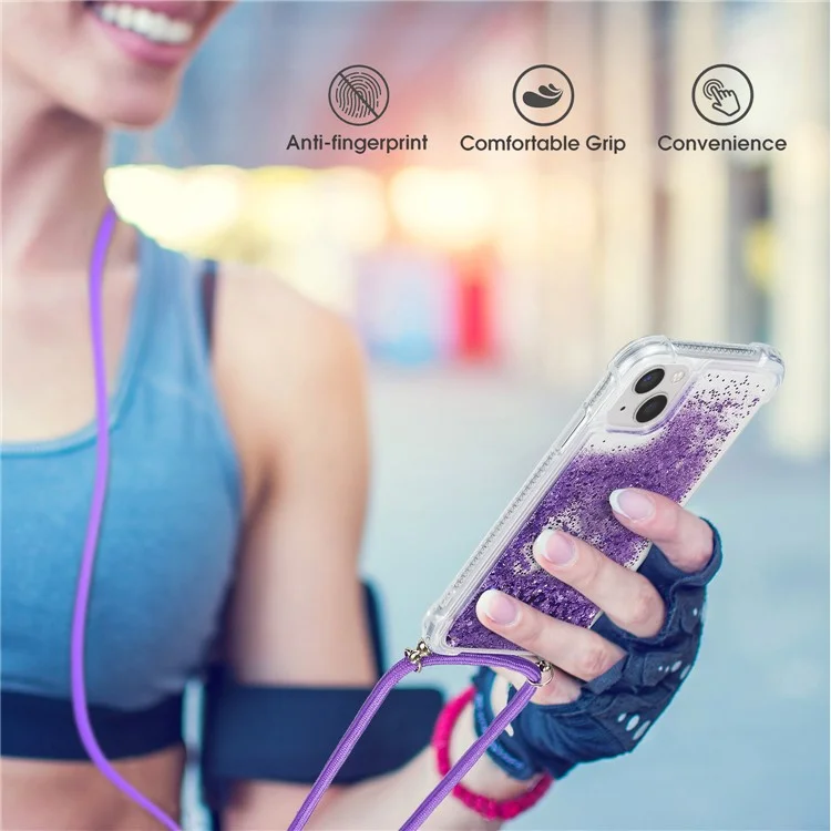 For iPhone 15 Plus TPU Cell Phone Case Mobile Phone Cover Liquid Sequins Decor Shell with Long Strap - Purple