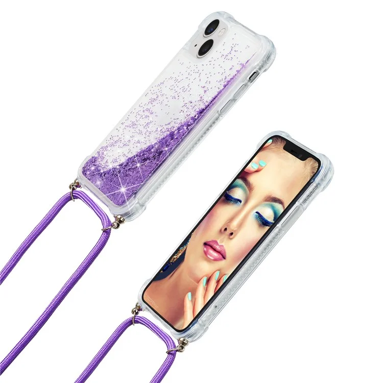 For iPhone 15 Plus TPU Cell Phone Case Mobile Phone Cover Liquid Sequins Decor Shell with Long Strap - Purple