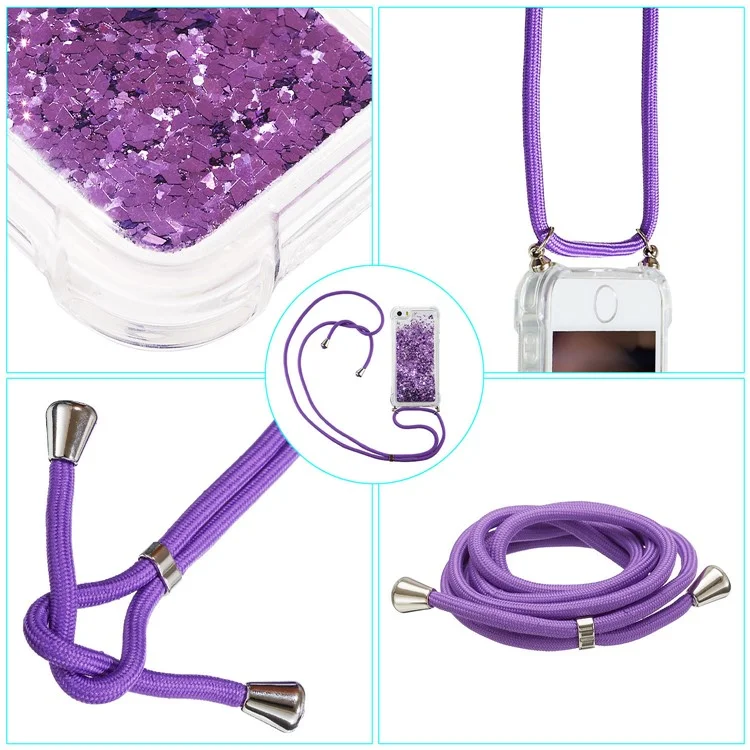 For iPhone 15 Plus TPU Cell Phone Case Mobile Phone Cover Liquid Sequins Decor Shell with Long Strap - Purple