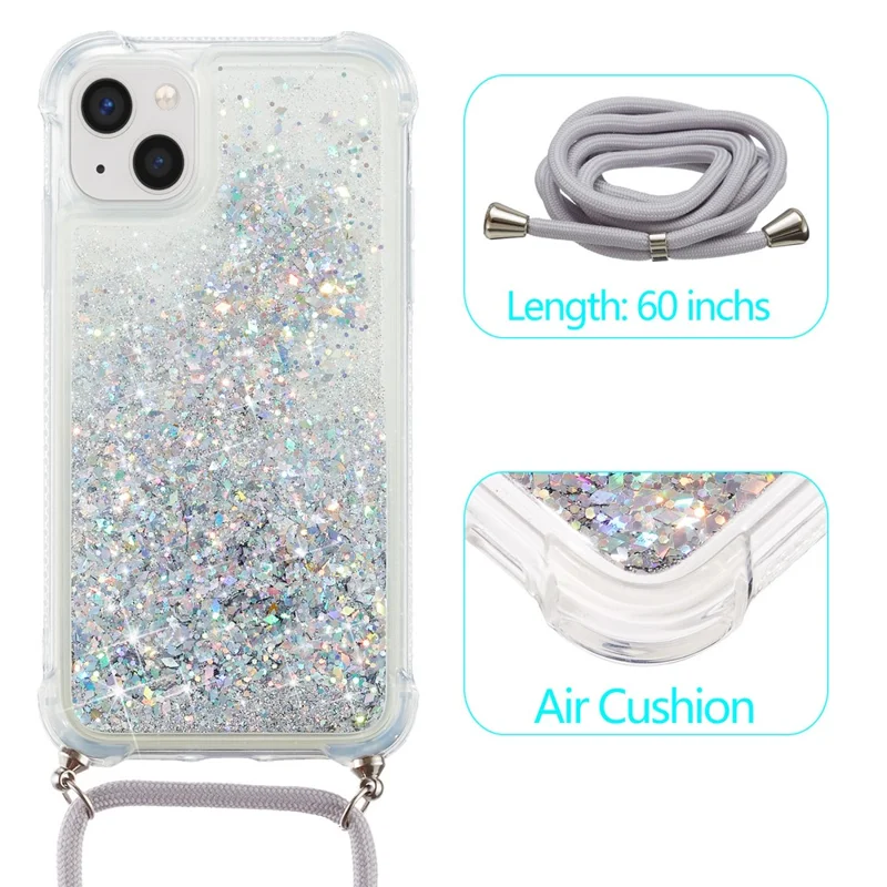 For iPhone 15 Plus TPU Cell Phone Case Mobile Phone Cover Liquid Sequins Decor Shell with Long Strap - Silver