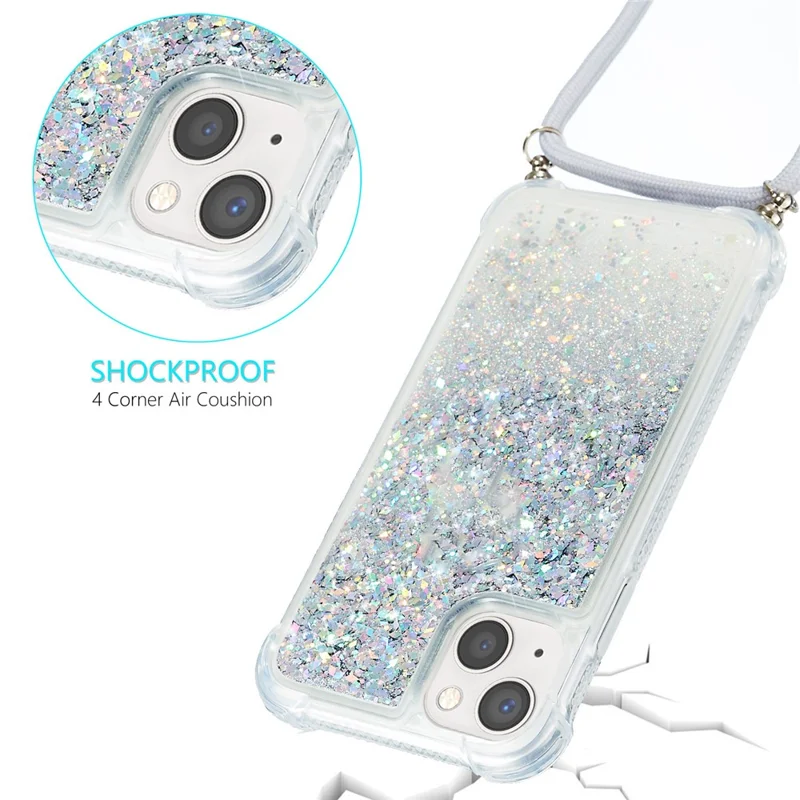 For iPhone 15 Plus TPU Cell Phone Case Mobile Phone Cover Liquid Sequins Decor Shell with Long Strap - Silver