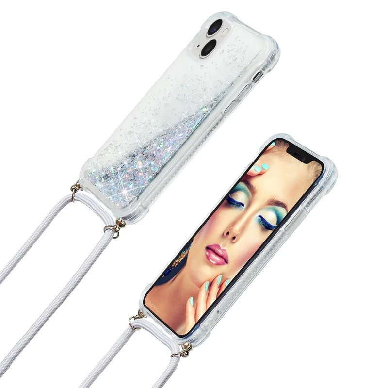 For iPhone 15 Plus TPU Cell Phone Case Mobile Phone Cover Liquid Sequins Decor Shell with Long Strap - Silver