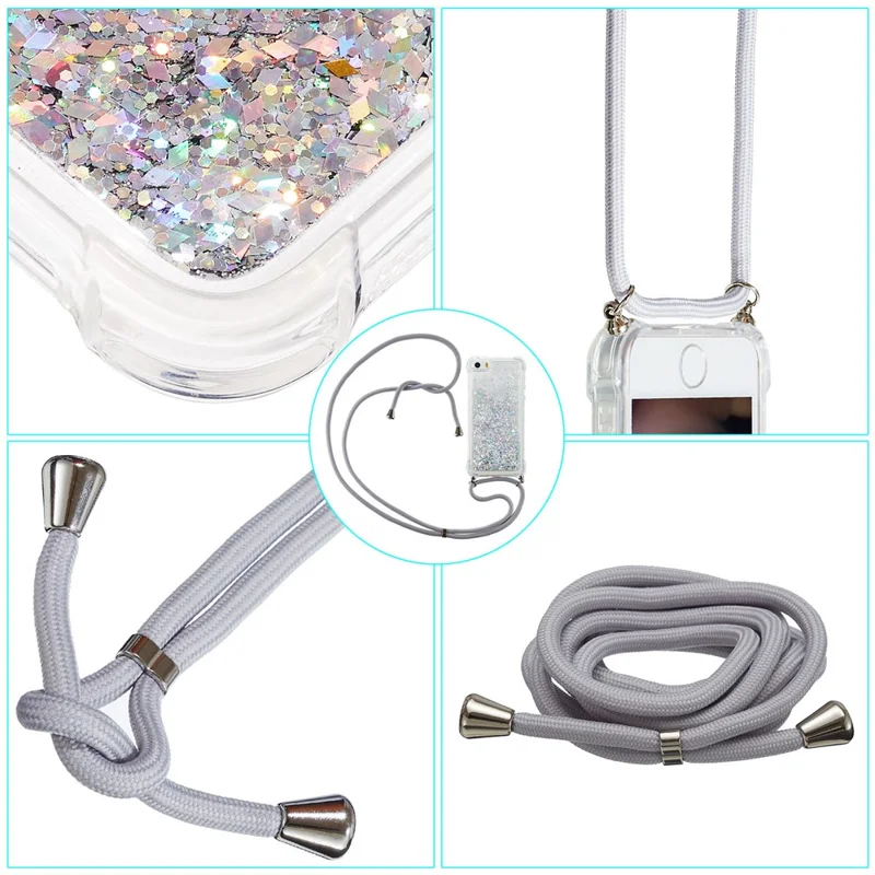 For iPhone 15 Plus TPU Cell Phone Case Mobile Phone Cover Liquid Sequins Decor Shell with Long Strap - Silver