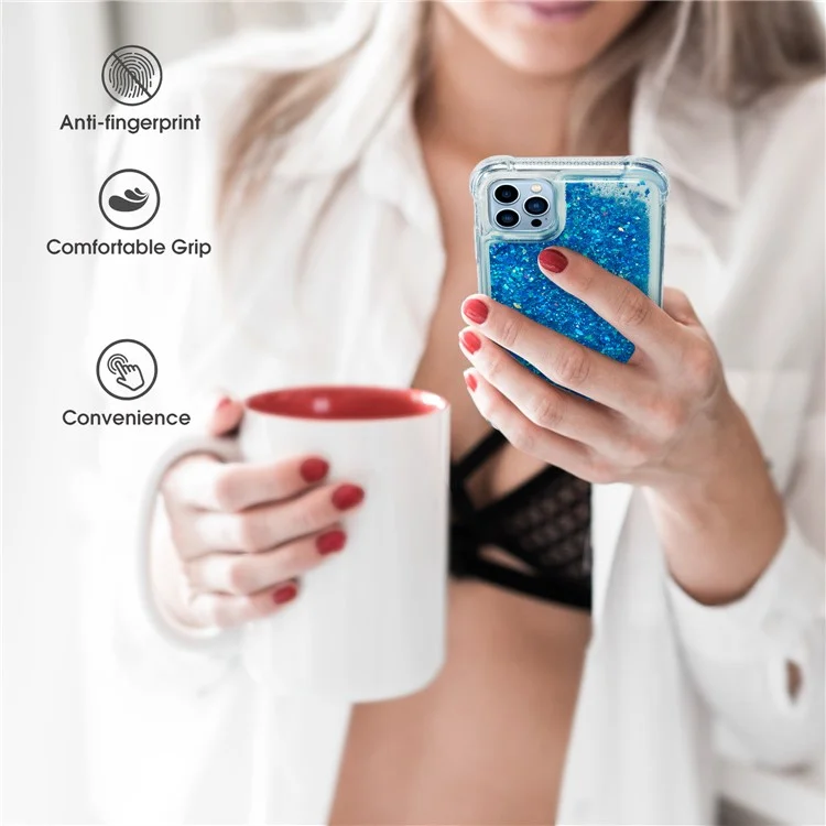 Для iPhone 15 Pro Max Quicksand Glitter Phone Case Reinforced Corners TPU Protective Cover - Blue