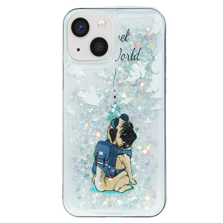 For iPhone 15 Plus Pattern Printing TPU Phone Cover Glitter Bling Powder Quicksand Smartphone Case - Dog