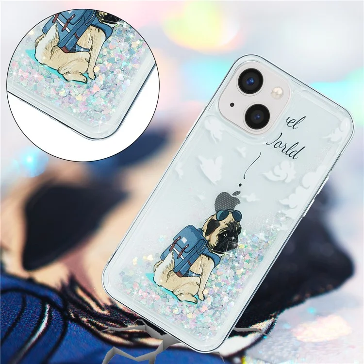 For iPhone 15 Plus Pattern Printing TPU Phone Cover Glitter Bling Powder Quicksand Smartphone Case - Dog