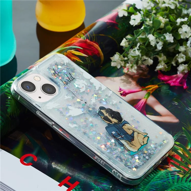 For iPhone 15 Plus Pattern Printing TPU Phone Cover Glitter Bling Powder Quicksand Smartphone Case - Dog