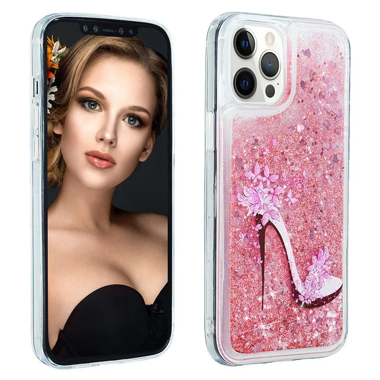 For iPhone 15 Pro Max Glitter Bling Powder Quicksand Case Pattern Printing TPU Phone Cover - High Heel