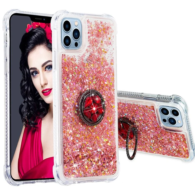 Per iPhone 15 Pro Custodia per telefono Shockproof TPU Liquid Quicksand Sequin Ring Holder Kickstand Cover - Rose Gold