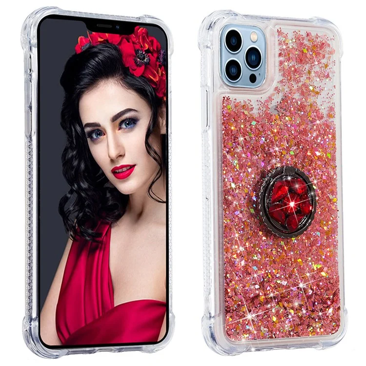 Per iPhone 15 Pro Custodia per telefono Shockproof TPU Liquid Quicksand Sequin Ring Holder Kickstand Cover - Rose Gold