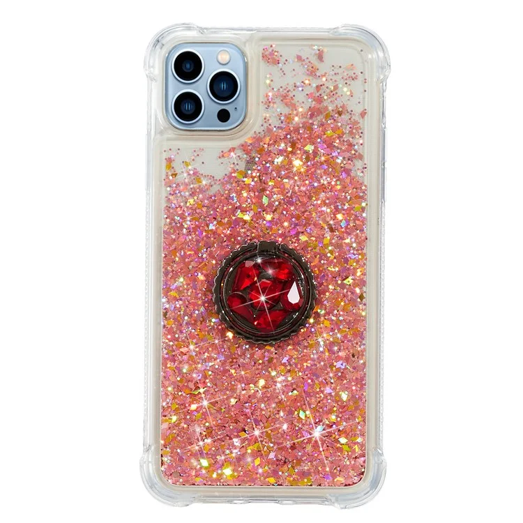 Per iPhone 15 Pro Custodia per telefono Shockproof TPU Liquid Quicksand Sequin Ring Holder Kickstand Cover - Rose Gold