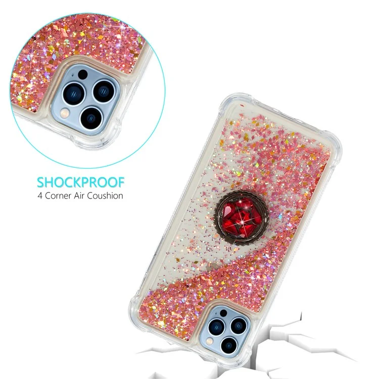 Per iPhone 15 Pro Custodia per telefono Shockproof TPU Liquid Quicksand Sequin Ring Holder Kickstand Cover - Rose Gold