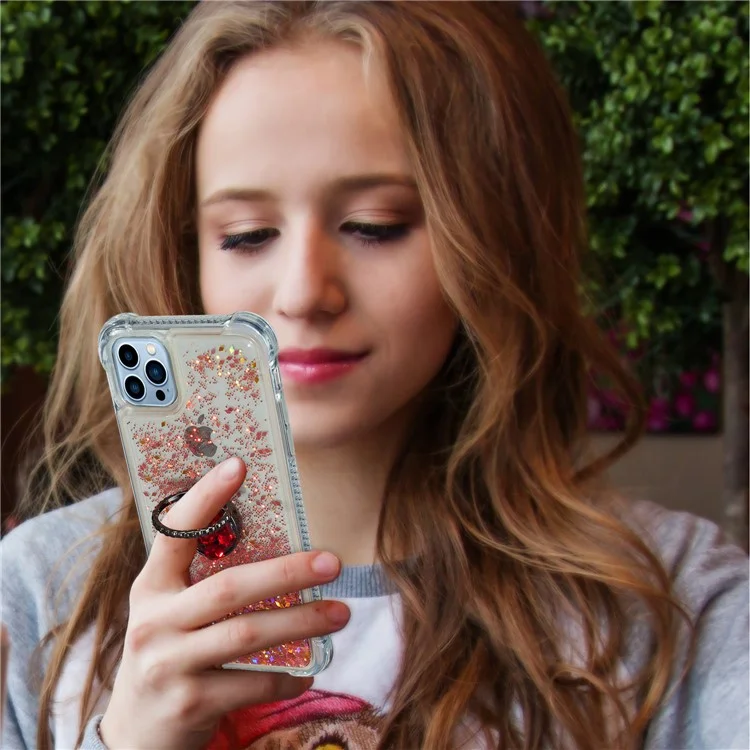 Per iPhone 15 Pro Custodia per telefono Shockproof TPU Liquid Quicksand Sequin Ring Holder Kickstand Cover - Rose Gold